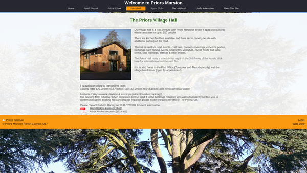 Screenshot of the Priors Marston And Priors Hardwick Village Hall website