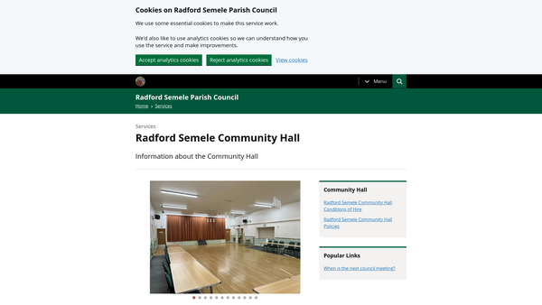 Screenshot of the Radford Semele Community Hall And Pavilion website