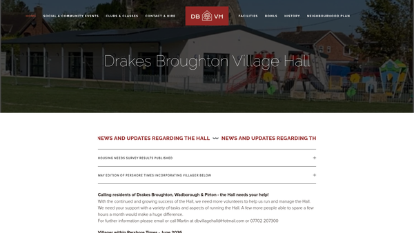 Screenshot of the Drakes Broughton Village Hall website