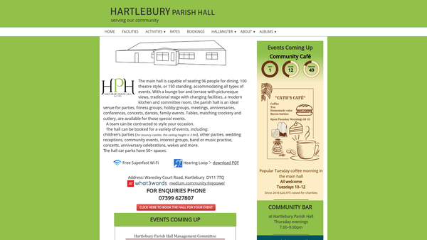 Screenshot of the Hartlebury Parish Hall website
