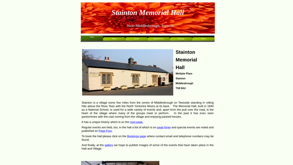 Screenshot of the Stainton Memorial Hall website