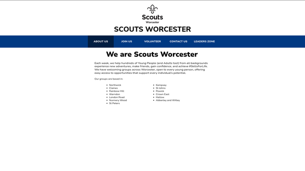 Screenshot of the Worcester District Scout Council website