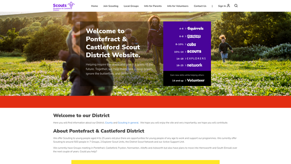 Screenshot of the Pontefract & Castleford District Scout Council website