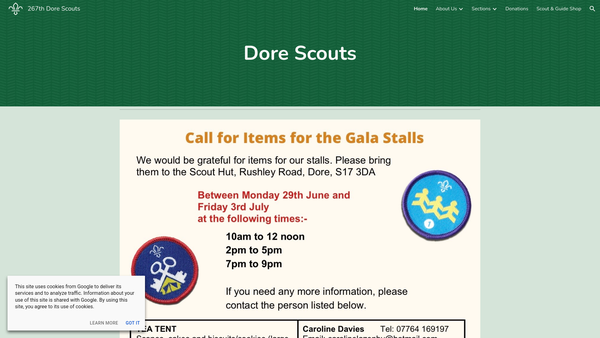 Screenshot of the 267th Sheffield (Dore) Scout Group website