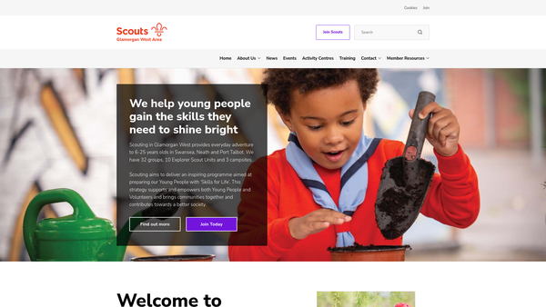 Screenshot of the Glamorgan West Area Scout Council website