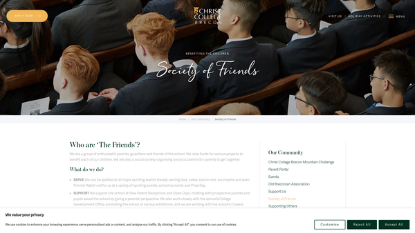 Screenshot of the Society Of Friends Of Christ College, Brecon website