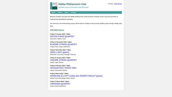 Screenshot of the Halifax Philharmonic Club website