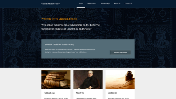 Screenshot of the The Chetham Society For The Publication Of Remains Historical And Literary Connected With The Palatine Counties Of Lancaster And Chester website