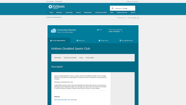 Screenshot of the Kirklees Sports Association For The Disabled website