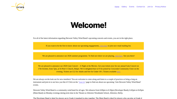 Screenshot of the Derwent Valley Wind Band website