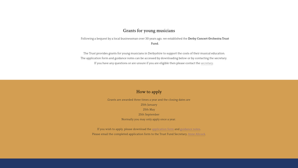 Screenshot of the Derby Concert Orchestra Trust Fund website