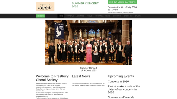 Screenshot of the Prestbury (St Peter's) Choral Society website