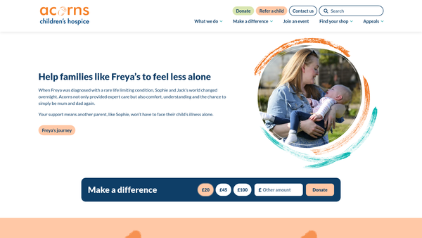 Screenshot of the Acorns Children's Hospice Trust website
