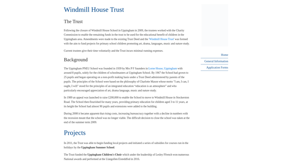 Screenshot of the The Windmill House Trust website