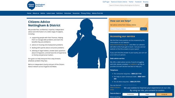 Screenshot of the Nottingham And District Citizens Advice Bureau website