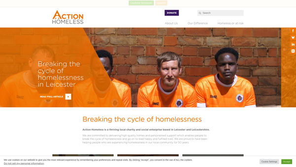 Screenshot of the Action Homeless (Leicester) Limited website