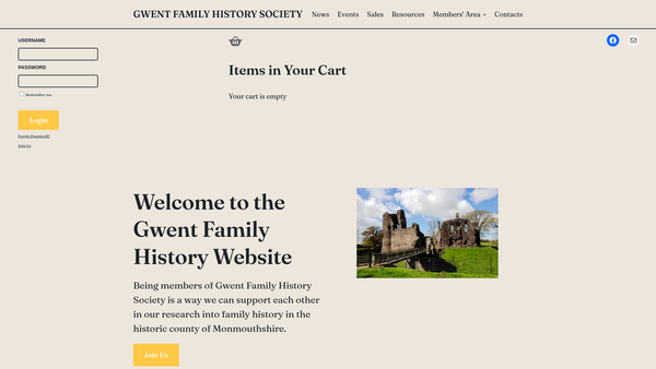 Screenshot of the Gwent Family History Society website