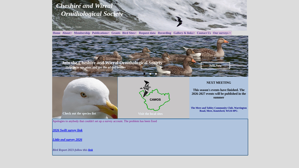 Screenshot of the Cheshire And Wirral Ornithological Society website