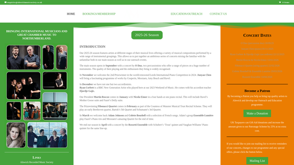 Screenshot of the Alnwick Music Society website