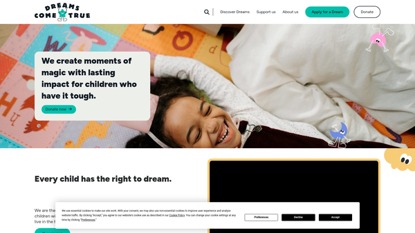Screenshot of the Dreams Come True Charity website