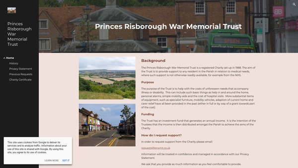Screenshot of the Princes Risborough War Memorial Trust website