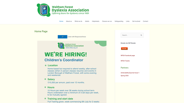 Screenshot of the Waltham Forest Dyslexia Association website