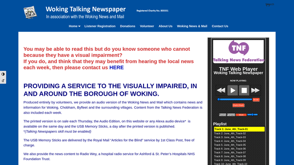 Screenshot of the The Woking Talking Newspaper (1988) Association website
