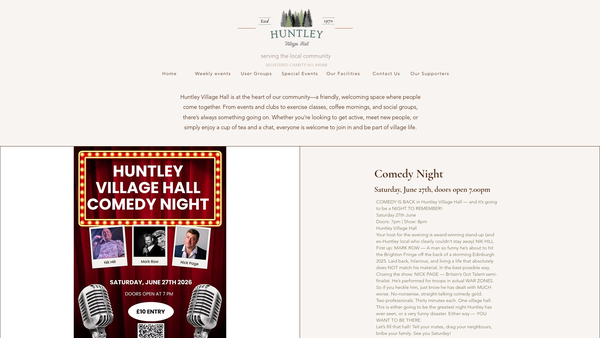Screenshot of the Huntley Village Hall website
