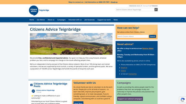 Screenshot of the Teignbridge Citizens Advice Bureaux website