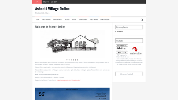 Screenshot of the Ashcott Village Hall website
