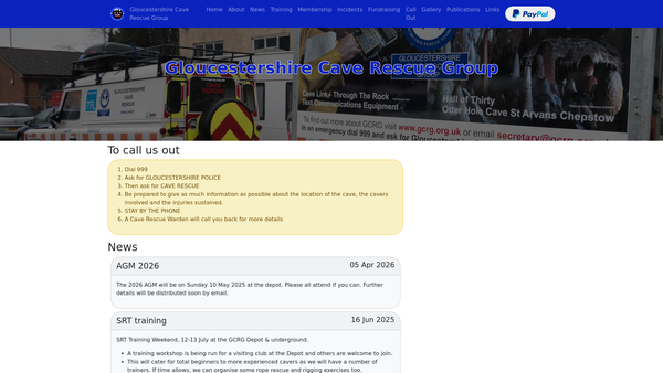 Screenshot of the Gloucestershire Cave Rescue Group website