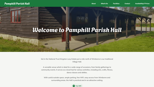 Screenshot of the Pamphill Parish Hall website