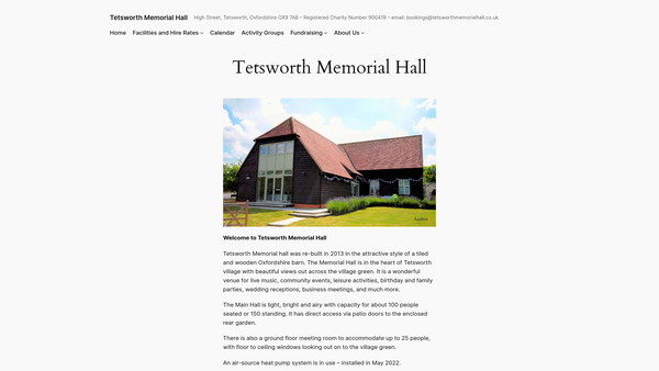 Screenshot of the Tetsworth Village Hall website
