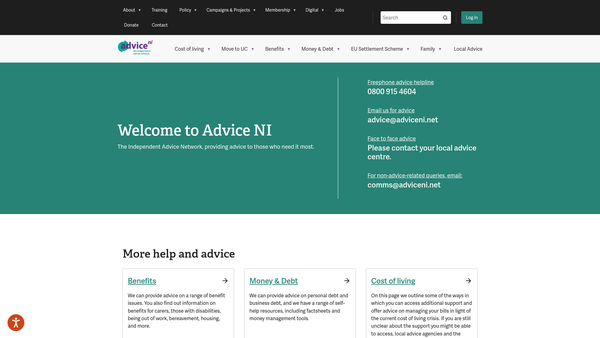 Screenshot of the Advice NI website