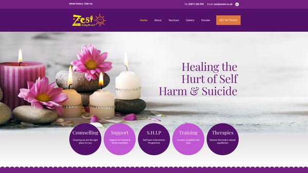 Screenshot of the Zest - Healing the Hurt Ltd website