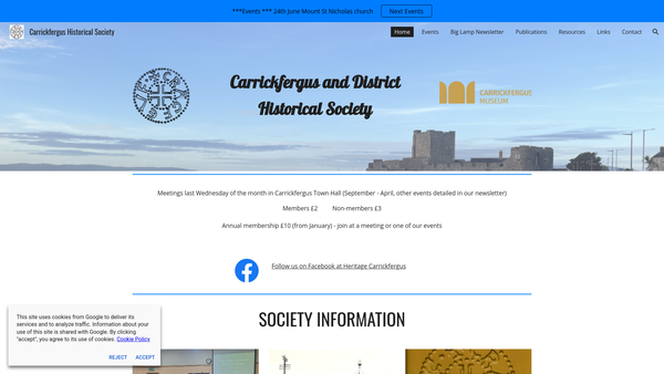Screenshot of the carrickfergus and district historical society website