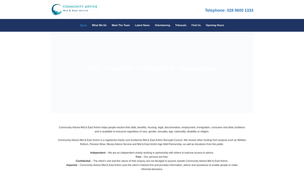 Screenshot of the Mid & East Antrim Community Advice Services Ltd website