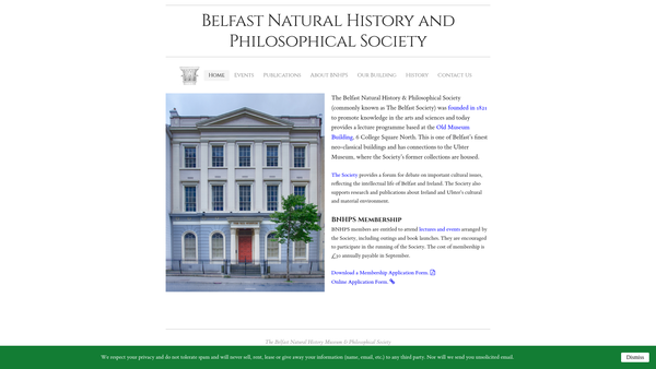 Screenshot of the Belfast Natural History and Philosophical Society website