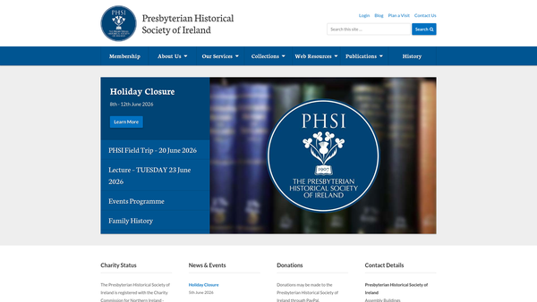 Screenshot of the The Presbyterian Historical Society of Ireland website