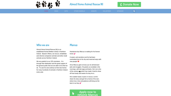 Screenshot of the Almost Home Animal Rescue NI website