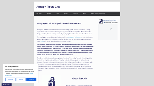 Screenshot of the Armagh Pipers Club website