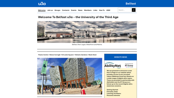 Screenshot of the Belfast University of the Third Age website