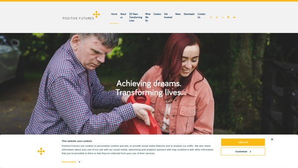 Screenshot of the Positive Futures: Achieving Dreams. Transforming Lives website