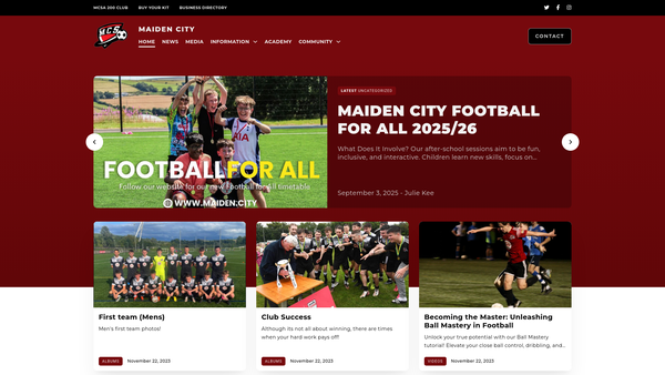 Screenshot of the Maiden City Soccer Academy website