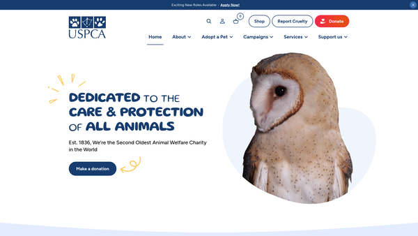 Screenshot of the Ulster Society for the Prevention of Cruelty to Animals (USPCA) website