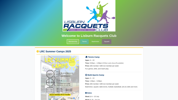 Screenshot of the Lisburn Racquets Club website