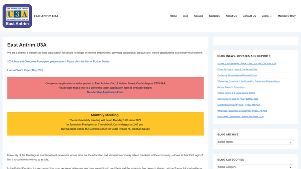 Screenshot of the East Antrim University of the Third Age website