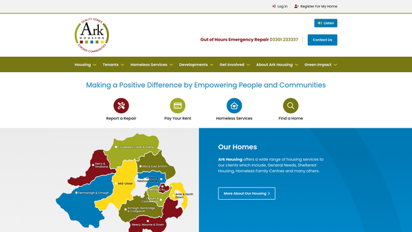 Screenshot of the Ark Housing Association Northern Ireland Limited website