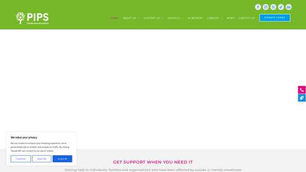 Screenshot of the PIPS Suicide Prevention Ireland website