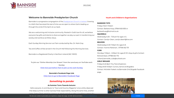 Screenshot of the Bannside Congregation of the Presbyterian Church in Ireland website